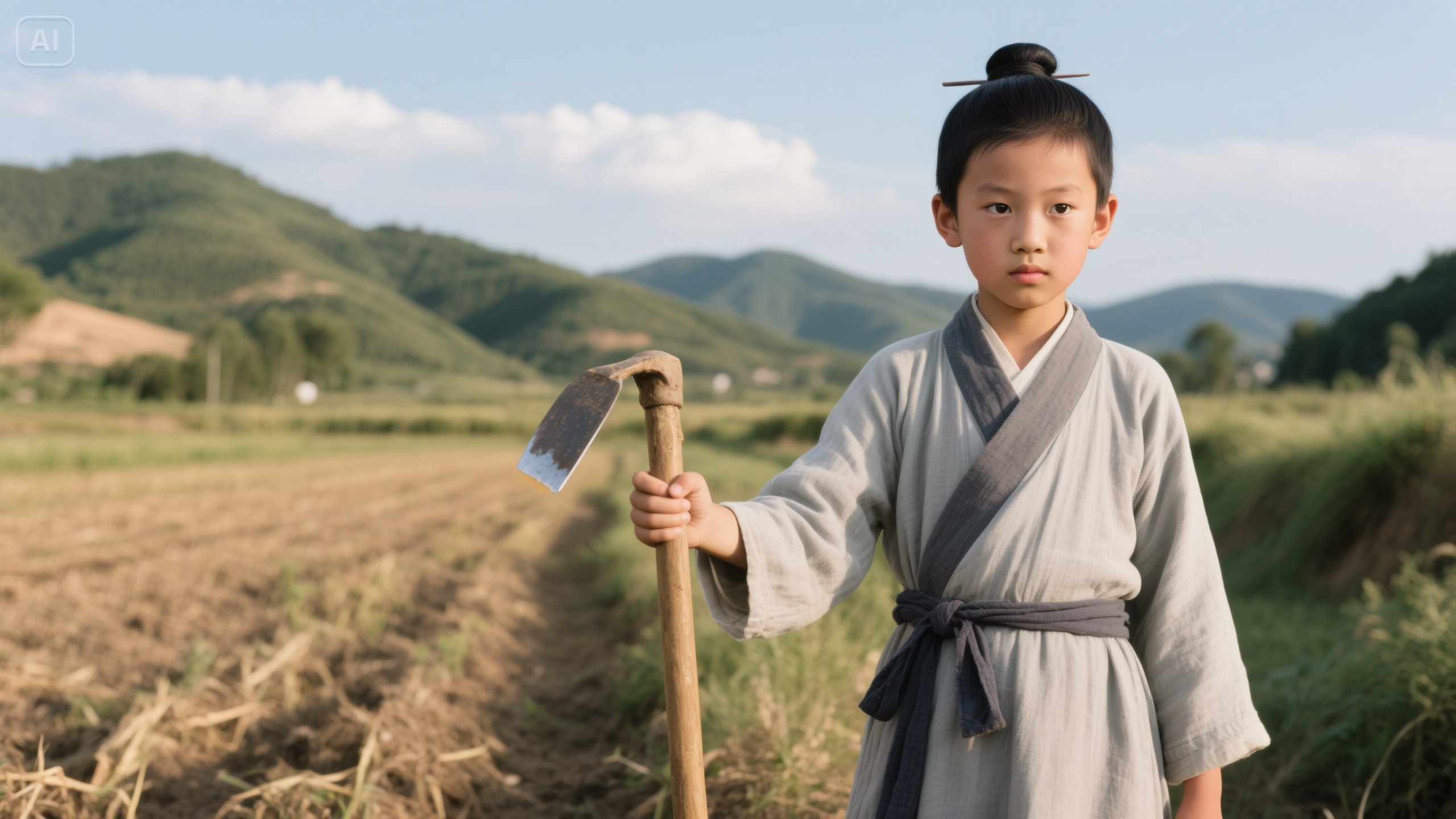 jimeng-2025-06-04-193-12 岁左右少年，黑发整齐束起 眉眼明亮，性格坚毅果敢。身着浅.jpeg