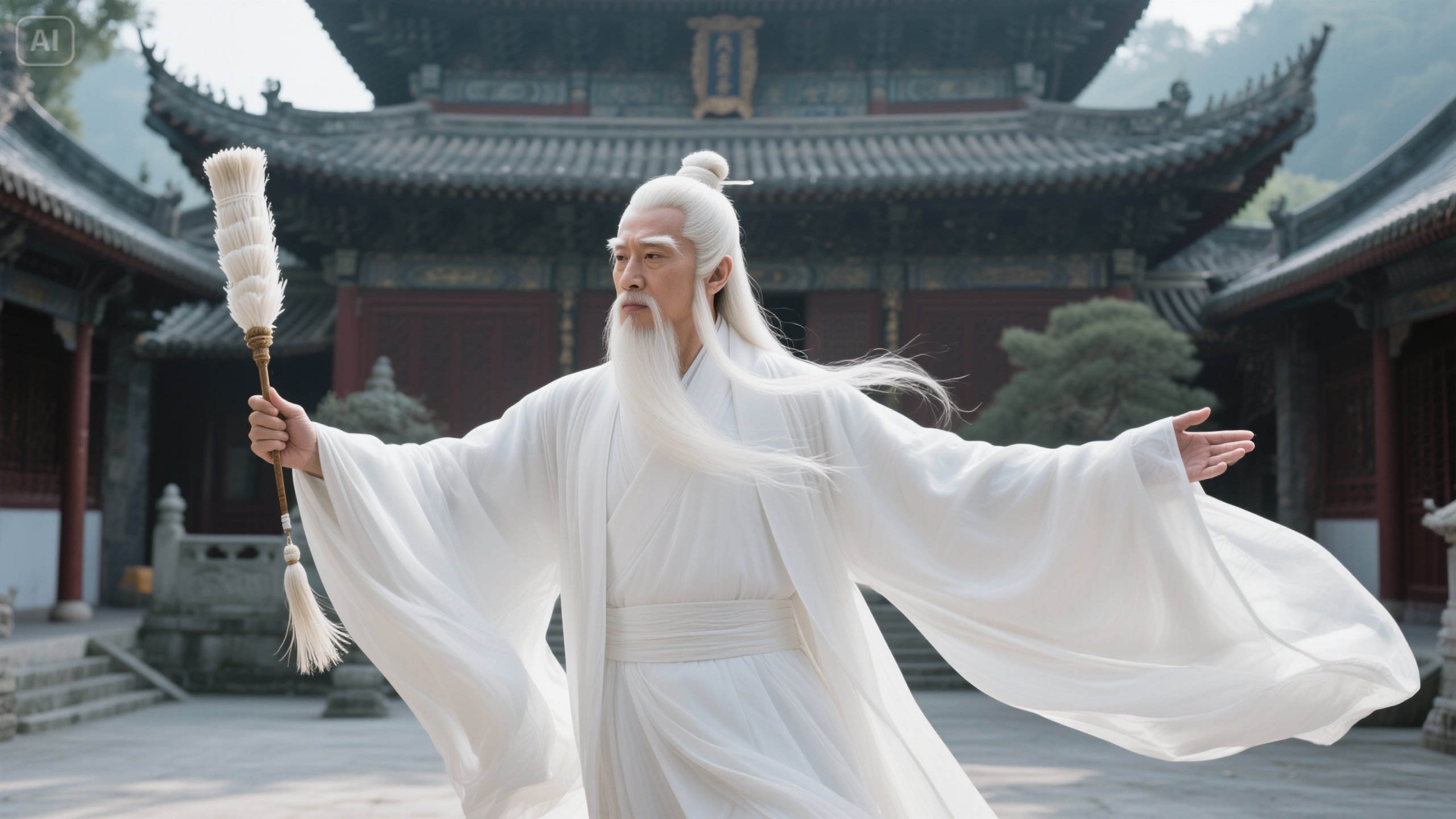 jimeng-2025-06-04-208-形象：白发长须，身着宽大白色道袍，衣袂飘飘，手持拂尘，自带.jpeg